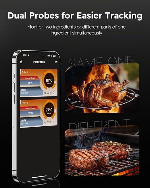Wireless Meat Thermometer with App Control, 600FT Bluetooth Range, Dual Probes & 6 Sensors, 0.5S Instant Read, LCD Display, IP67 Waterproof Real-Time Monitoring & Smart Alerts for BBQ, Grill, Oven
