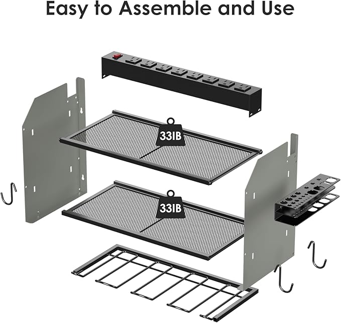 CCCEI Modular Power Tool Organizer Wall Mount with Charging Station. Garage Drill Storage Shelf with Hooks, Heavy Duty Rack, Tool Battery Holder Built in 8 Outlet. Gift for Men. Grey, 2 Pack.