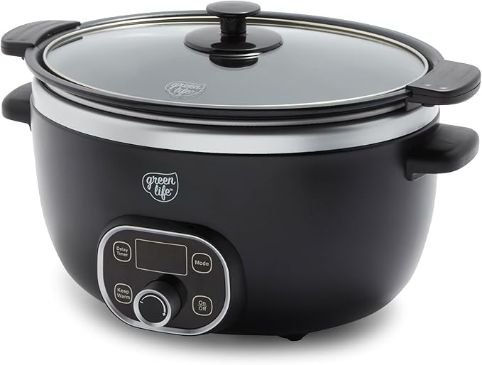 GreenLife 8QT Slow Cooker, Non-Toxic PFAS-Free Ceramic Nonstick Removable Interior Bowl, Programmable, Family Friendly, Keep Warm, Stovetop & Oven Safe, Dishwasher Safe Parts, Timer, Glass Lid, Black