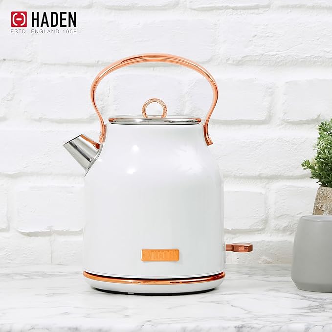 Haden Heritage 4 Slice Wide Slot Stainless Steel Toaster Bundled with 1.7 Liter Stainless Steel Electric Water Kettle, Ivory & Copper
