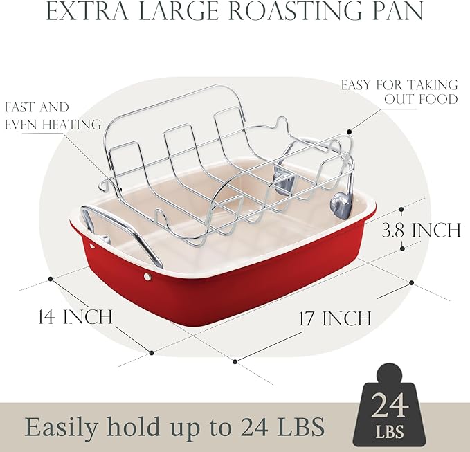 KITESSENSU Nonstick Turkey Roasting Pan with Rack 17 x 14 inch - Large Chicken Roaster Pan for Oven - Wider Handles & Heavy Duty Construction - Suitable for 24lb Turkey, Red