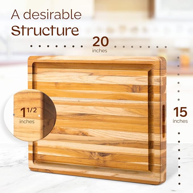 Yes4All Durable Teak Cutting Boards for Kitchen, [20''L x 15''W x 1.5” Thick] Large Edge Grain Cutting Board, Pre Oiled Wood Cutting Boards, Thick Chopping Board w/Juice Grooves and Easy Grip Handle