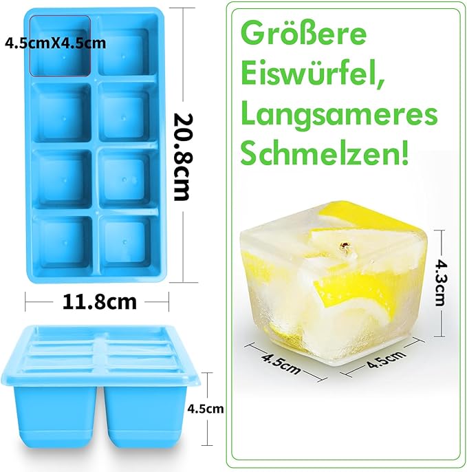 Large Ice Cube Molds 2 Pack, FURNSII Silicone Ice Cube Tray for Freezer with Lid, 8 Giant Square Cubes, Easy Release Stackable Ice Molds for Whisky Cocktails (Pink)
