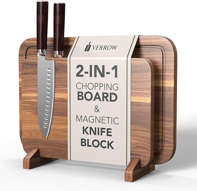 Magnetic Knife Block with Acacia Wood Cutting Board - Extra Large 15.5x10.5x0.75In Magnetic Knife Block Set with Chopping Board Knife Holder Charcuterie Display Storage Organizer for Kitchen Counter