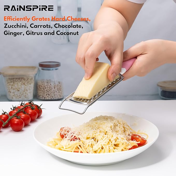 Rainspire Professional Cheese Graters for Kitchen Stainless Steel Handheld, Metal Lemon Zester Grater With Handle For Cheese, Chocolate, Spices, Kitchen Gadgets And Tools, Soft Grip Handle, Pink