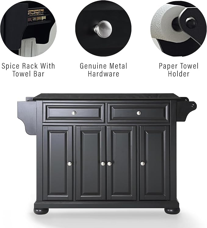 Crosley Furniture Alexandria Granite Top Rolling Kitchen Island Storage Cart, Microwave Stand, Spice Rack, Black