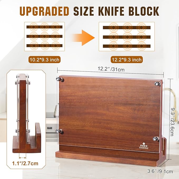 ENOKING Magnetic Knife Block with Acrylic Shield 12 x 9 Inches, Double Side Kitchen Knife Holder without Knives- Acacia Wood Universal Knife Storage Organizer with Powerful Magnet for Kitchen Counter