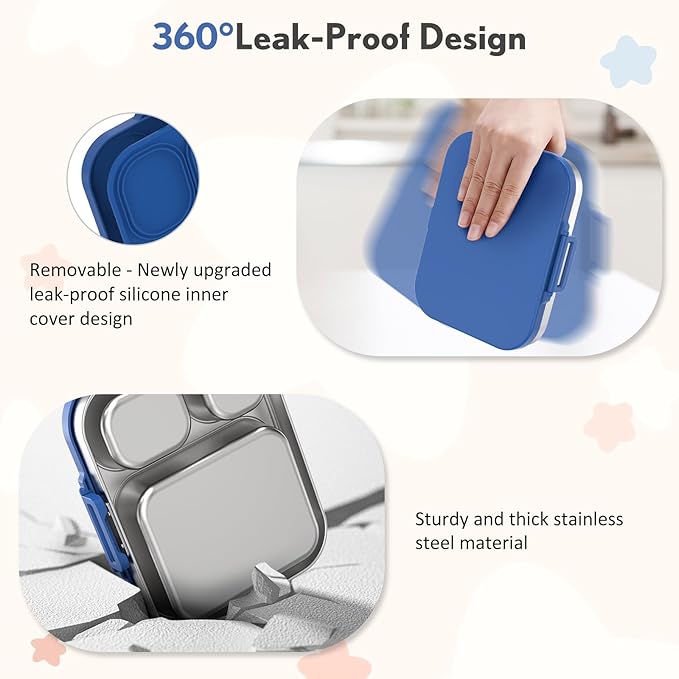 Stainless Steel Bento Box Kids, Leak Proof Metal Bento Lunch Box,3 Compartments 304 Stainless Steel Bento Lunch Containers for School and Office, BPA-Free(Blue)