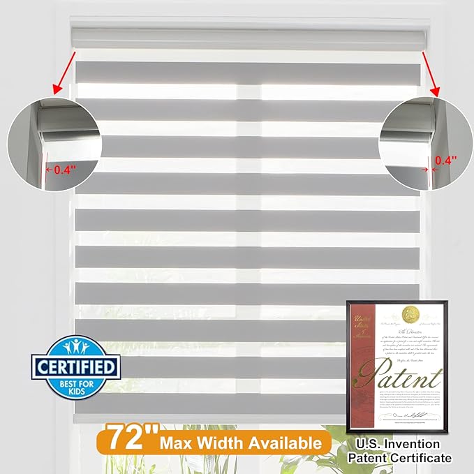 Persilux Cordless Zebra Blinds for Windows Free-Stop Roller Window Shades (58" W X 64" H, Grey) Dual Layer Light Control for Day and Night, Light Filtering Sheer Shades for Home, Easy to Install