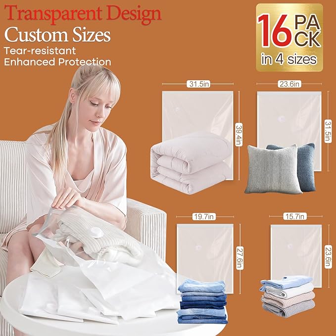 Vacuum Seal Bags for Clothing, 16 Pack Vacuum Storage Bags with Rechargeable Cordless Air Pump(4J+4L+4M+4S), Space Saver Bags for Clothes Blanket Duvets Pillows Comforters Travel