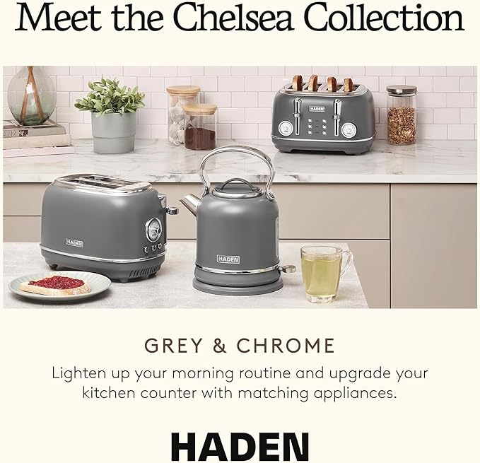 Haden Chelsea 4 Slice Wide Slot Toaster with Adjustable Browning Control, Grey & Chrome