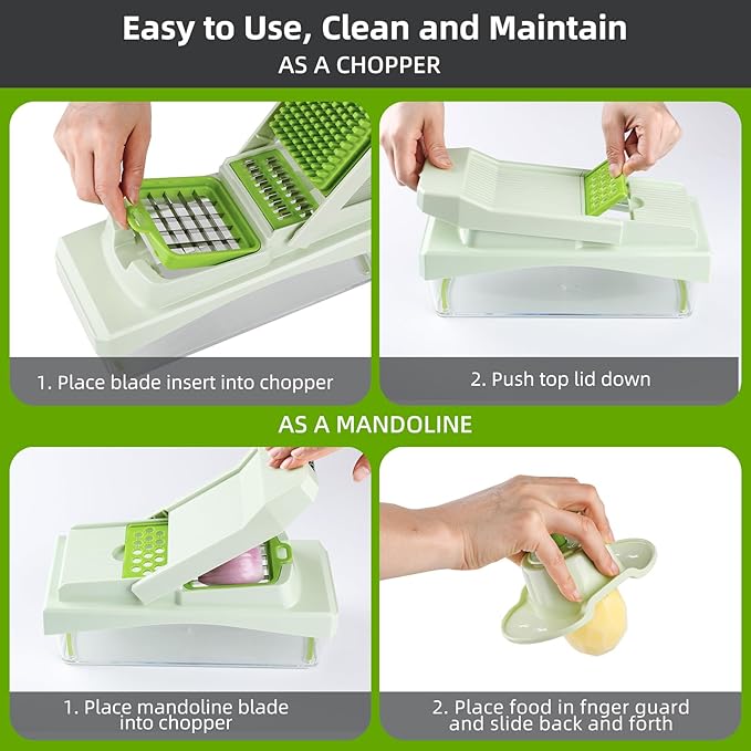 RüK 10-in-1 Vegetable Chopper – 6 Blade Veggie Chopper with Container, Food Dicer, Onion Cutter, Cheese Grater, Mandoline Slicer, Kitchen Gadgets & Home Essentials (Green)