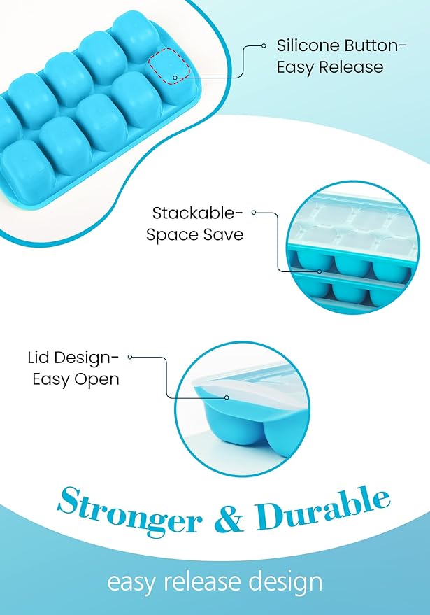 DOQAUS Ice Cube Tray with Lid and Bin, 4 Pack Easy Pop Out Silicone Ices Cubes Trays for Freezer with Cover, Stackable Compact Ice Bucket Kits, for Soup, Food, Cocktail, Coffee