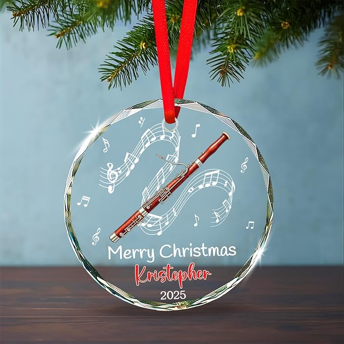 Bassoon Playing Xmas Tree Glass Ornaments, Personalized Bassoonist Ornament Christmas 2025, Bassoon Christmas Ornament Gift for Instrument Player, Custom Text & Name Musical Instrument Glass Keepsake