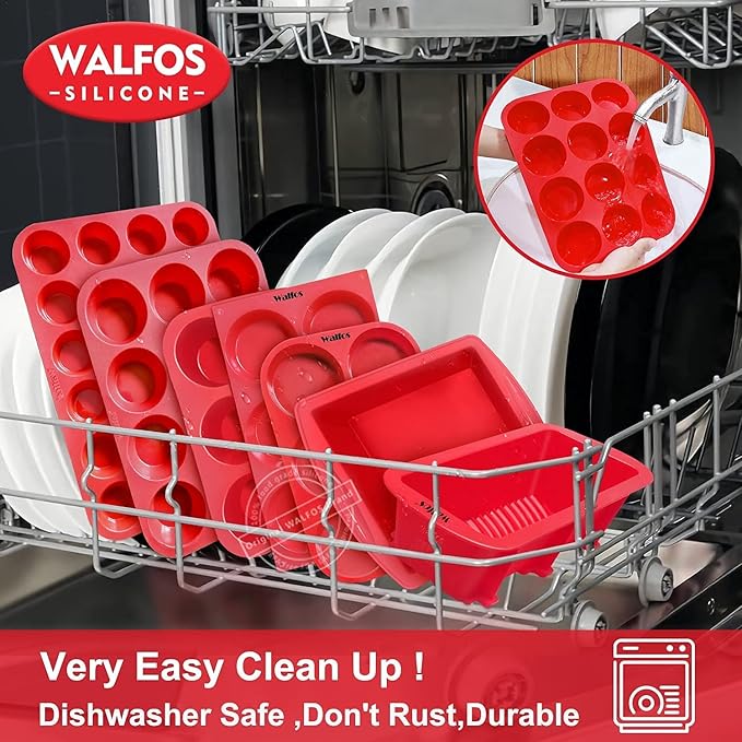 Walfos Silicone Loaf Pan - Non-Stick Silicone Bread Pan, Just PoP Out! Perfect for Bread, Cake, Brownies, Meatloaf, BPA Free & Dishwasher Safe (Mini Loaf Pan, 1 Pack:6 Cavities)
