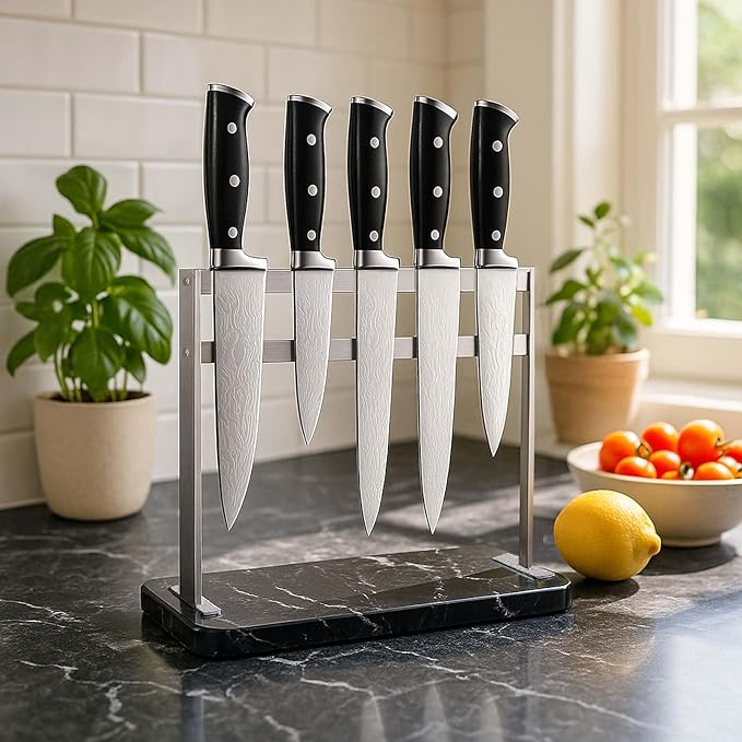 Magnetic Knife Block Stand - Marble Base Magnetic Knife Holder for Counter Top - Double Sided Knife Block without Knives - Stainless Steel Magnetic Kitchen knife holder - Black