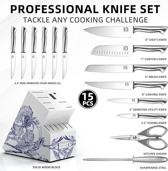 Kitchen Knife Set - Phantom Iris X5 Knife Block Set - Top-tier Performance, 15 Pcs Premium High Carbon Stainless Steel Knife Set with Block and Sharpener, Professional Chef Knives Set