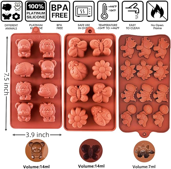 3-Pack Chocolate Molds Silicone(1.8 Inch two-bite size),Animal Silicone Molds,Moldes para gelatinas individuales.Features Bear,Dinosaur,Lion,Hippo,Bees,Ladybugs,Beetles,Butterflies,and Flowers.