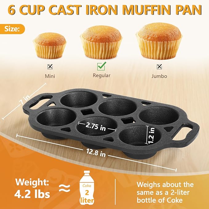 6 Cup Cast Iron Muffin Pan - Pre-Seasoned Nonstick Muffin Tin, Regular Size Cupcake Baking Pan