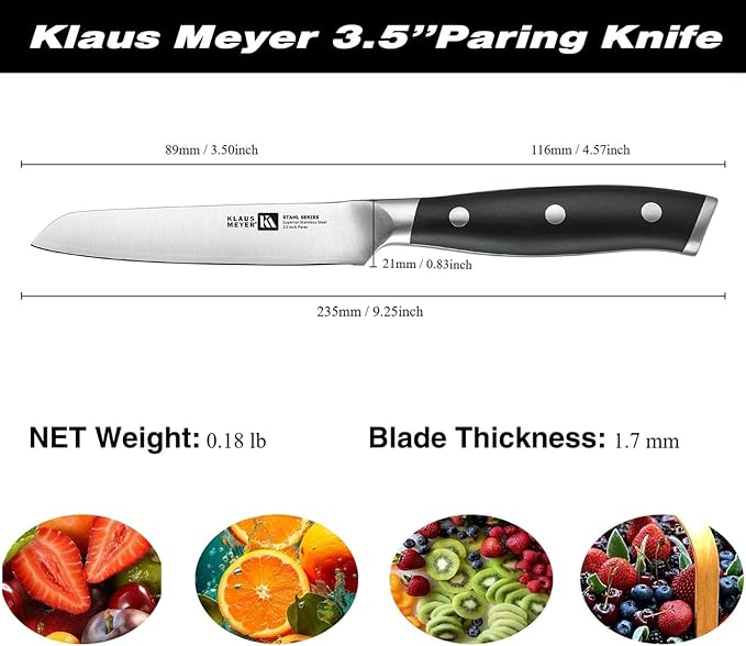 Klaus Meyer Stahl 3.5 inch Paring Knife High Carbon Exclusive German Steel Fruit Knife, Small Kitchen Knife with Ergonomic Handle (Black)