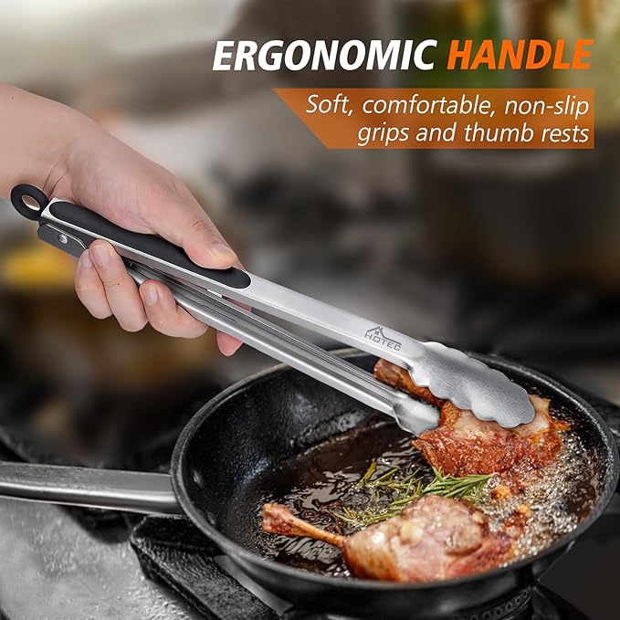 Hotec Stainless Steel Kitchen Tongs, Set of 2-9", Locking Metal Food Tongs for Cooking, Serving, BBQ, Grill Non-Slip Grip