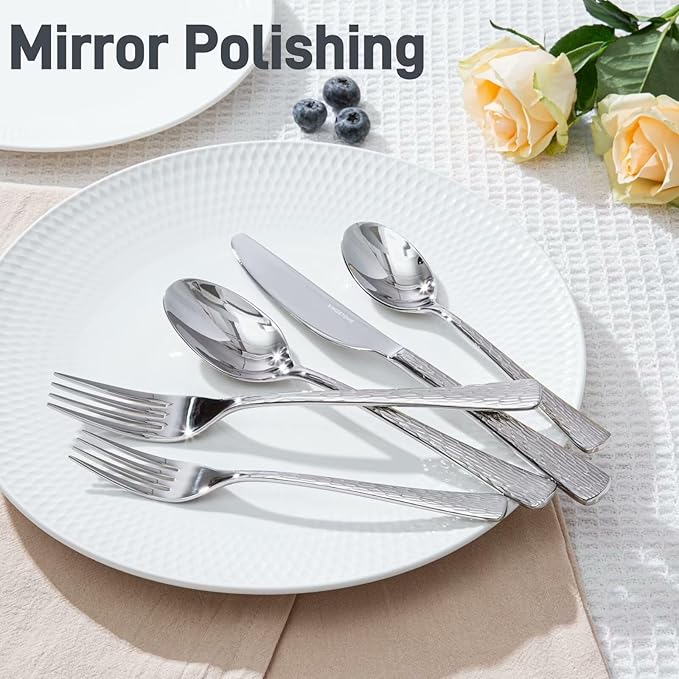 KINGSTONE Hammered Silverware Set, Flatware Set with Serving Utensils, 18/10 Stainless Steel Premium Cutlery with Unique Ripple Handles Design Mirror Polished - Dishwasher Safe (65-Piece)