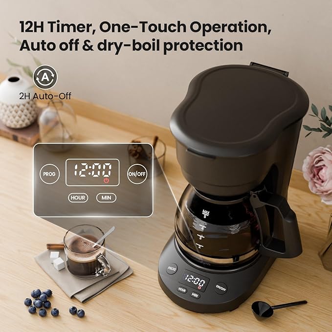Kismile Compact Coffee Maker with LED Display, Small Drip Coffee Machine with Anti-Drip System, Timer, Auto Shut-Off, Dry-Boil Protection, Removable Funnel, Ideal for Home & Office (Black)