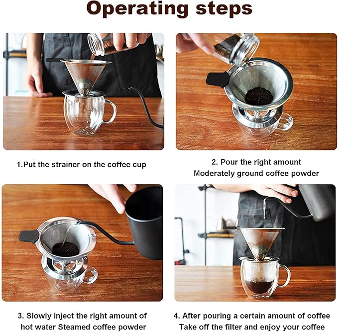 Slow Drip Paperless Coffee Filter, Pour Over Coffee Dripper, Reusable Pour Over Coffee Maker for Single Cup Brew, Double Mesh Design of Stainless Steel Cone Filter, with Clean Brush (1-4 cups)