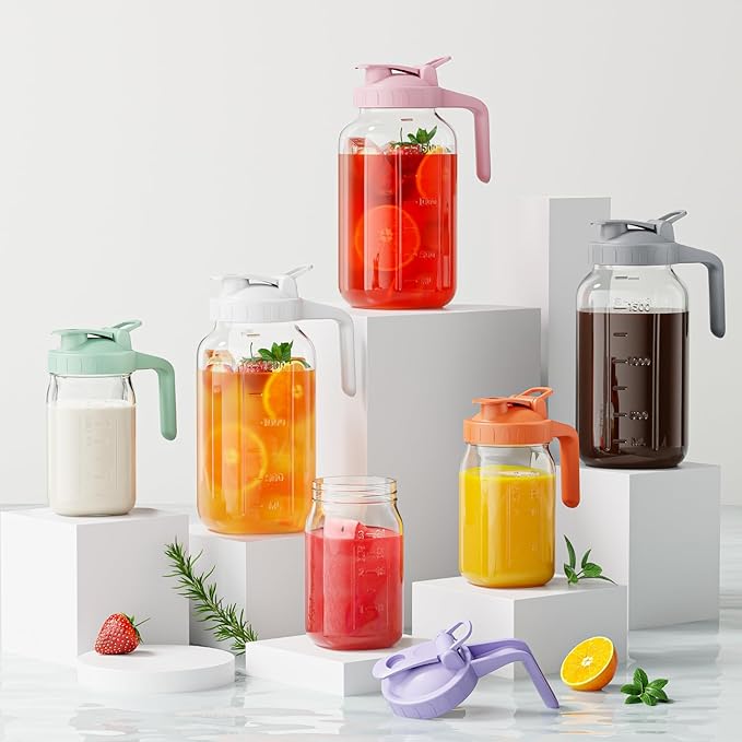 Glass Mason Jar Pitcher, 64 oz Wide Mouth Jug with Pour Spout Handle Lid for Cold Brew Coffee, Ice Beverage, Iced Juice, Lemonade, Sun Tea, Fruit Drinks Container（Green）