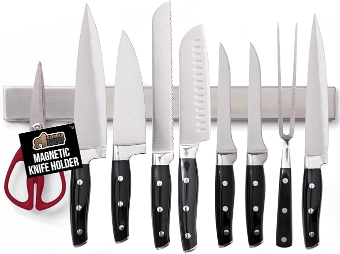 GORILLA GRIP Stainless Steel Magnetic Knife Holder for Wall, 16 Inch, Multi-Purpose Magnet Bar for Knives, Tools, Art Supplies, Heavy Duty Strip Holds Up to 6 lbs, Kitchen Organizer, Drilling Required