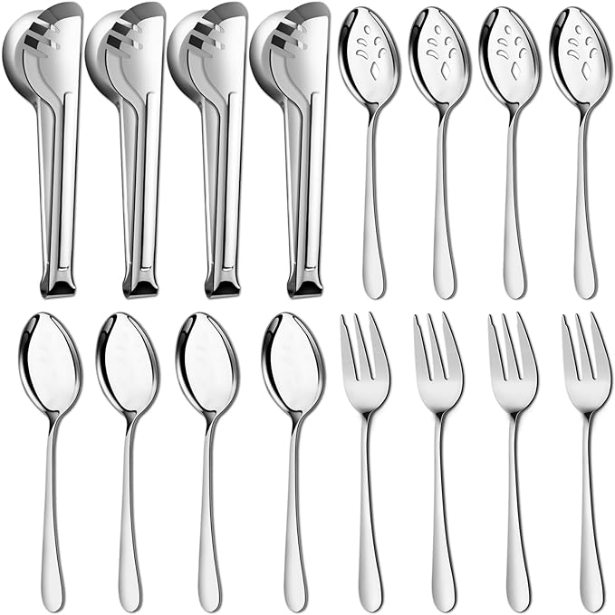 Pleafind 16 PCS Serving Utensils, Stainless Steel Serving Utensils Set with Serving Spoons, Slotted Serving Spoons, Serving Forks and Serving Tongs, Serving Utensils for Parties Buffet Banquet