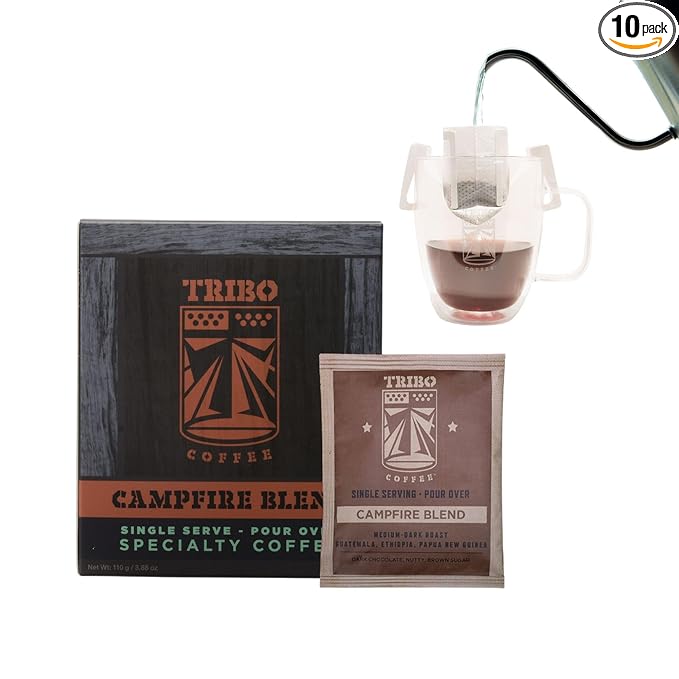 Tribo Coffee Single-Serve Portable Pour Over Drip Coffee - Campfire Blend - 10 Servings (Medium-Dark Roast)