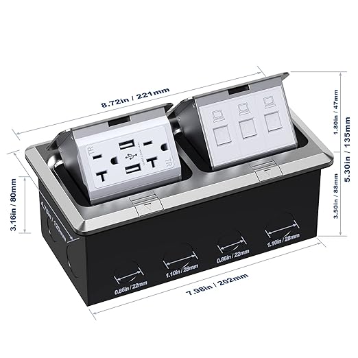 KYHSHJ Dual Pop-Up Floor Electrical Outlet Box Kit，20 Amp Stainless Steel USB TR Receptacle Outlet，3-Port RJ45 Datacom Receptacle，Waterproof Gasket with IP44 Waterproof Rating，ETL Listed, Silver