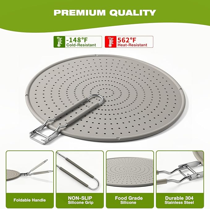 Silicone Splatter Screen for Frying Pan 13 Inch - Grease Splatter Guard with Foldable Handle, Dishwasher Safe & Never Rusts, Fits Most Pans for Stove Top & Bacon Cooking