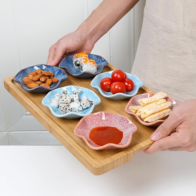 Dipping Bowls Set of 6, Ceramic Soy Sauce Dishes, 2 oz Dipping Sauce Cups, chrysanthemum Round Small Side Dish Dishes for Dipping Sushi Tomato Soy Sauce Dish