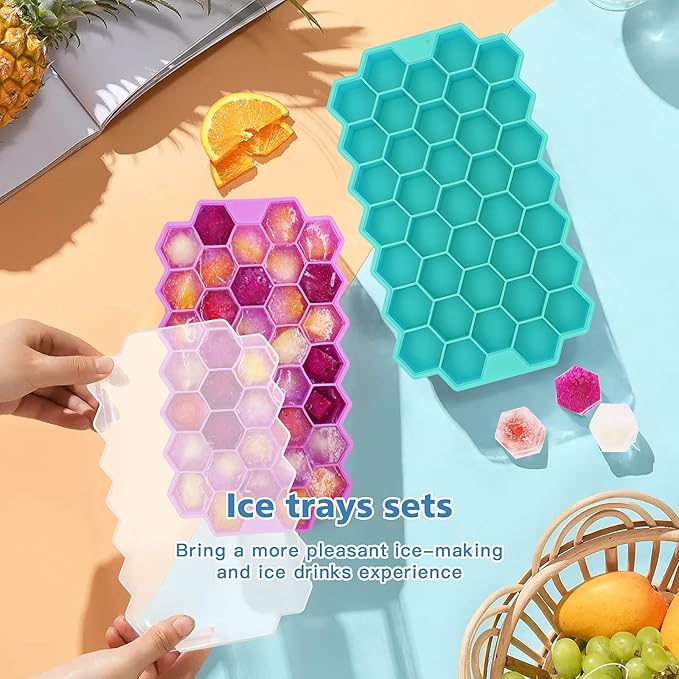 Ice Cube Trays for Freezer, 2 Pack Ice Cube Tray with Lid, Silicone Ice Cube Mold with Lid-37 Grid,Easy-Release Reusable 74 PCS Small Ice Cubes for Iced Coffee Cocktail Whisky Chocolate Soup Food
