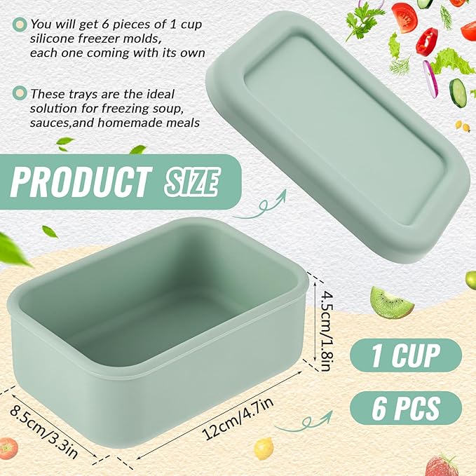 6 Packs 1 Cup Silicone Soup Freezer Molds with Lid Silicone Soup Freezer Trays Rectangle Reusable Food Preserving Tray Freezing Sauces Stews(Sage Green)