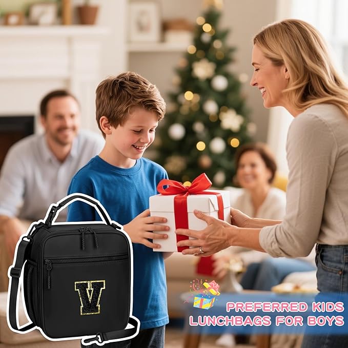 Initial Insulated Lunch Bag for Boys Kids, Back to School Gift, Reusable Leak-proof Lunch Box with Adjustable Strap for School Daycare Travel Picnic（Black，V）