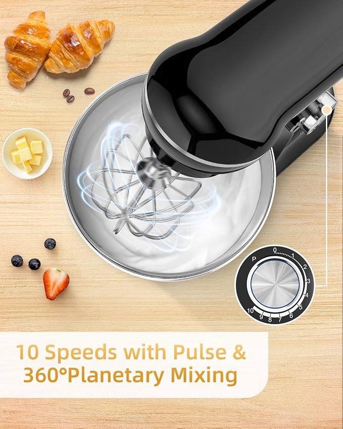 Facelle Tilt-Head Stand Mixer, 5QT+6QT Stainless Steel Two Bowls, 10 Speeds Kitchen Electric Food Mixer with Egg Whisk, Dough Hook, Beater, Dishwasher-Safe Attachment, Ideal Gift for Mom