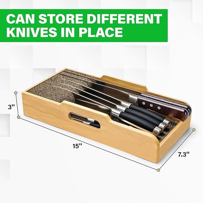 Bamboo Knife Drawer Organizer Insert - Kitchen In-Drawer Knife Block Holder, Flexible Dividers for Knives Organization