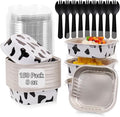 FORBFAN 150 Pcs Mini Square Baking Cups with Lids, 8 oz Mini Aluminum Cake Pans, Small Baking Tins Cow Print