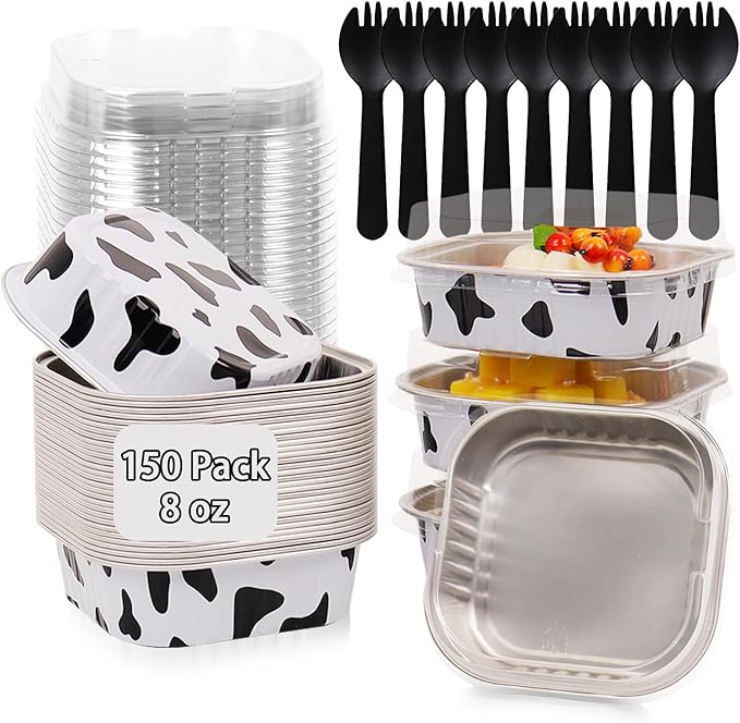 FORBFAN 150 Pcs Mini Square Baking Cups with Lids, 8 oz Mini Aluminum Cake Pans, Small Baking Tins Cow Print