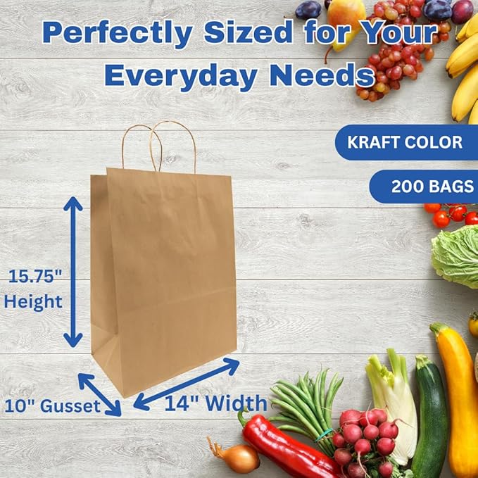 ASSUREPAK DIY Grocery Paper Bags - 200 units - 14"x10"x15.75" - Handle - Kraft Color - 74LB (110 GSM strong) - Recyclable Food & Supermarket Bags for Decorating & Branding - 141016NKPAPTHDL