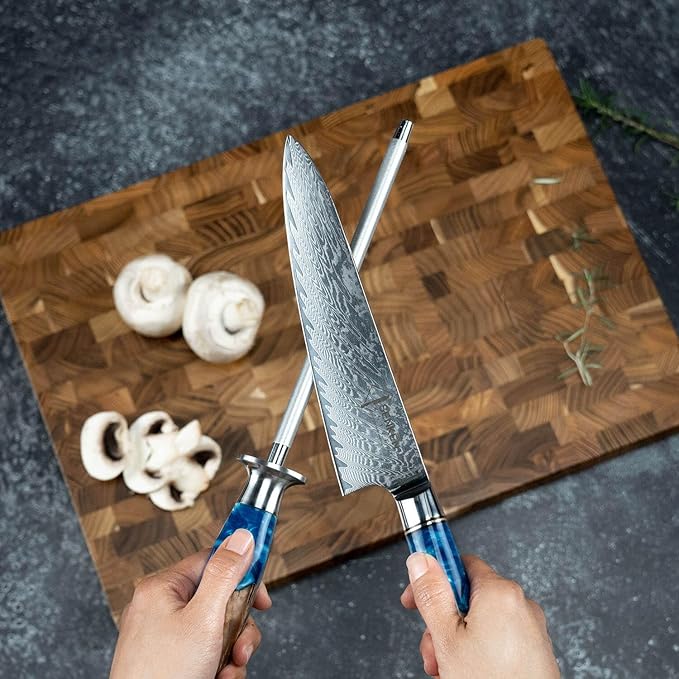 SENKEN Professional Sharpening Steel for Damascus Knives - Tsunami Collection - Incredibly Strong Emery Rod for Sharpening & Honing Knives Up to 63 HRC - Beautiful Blue Resin & Natural Wood Handle