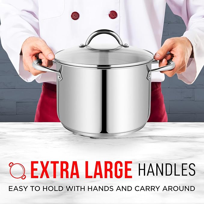 Stainless Steel Stockpot with Tempered Glass Lid 8 Quart, Durable 18/0 Stainless Steel, Impact-Bonded Base for Even Heating, Riveted Handles, Oven & All Stove Compatible, Safe Up To 500°F (260°C)