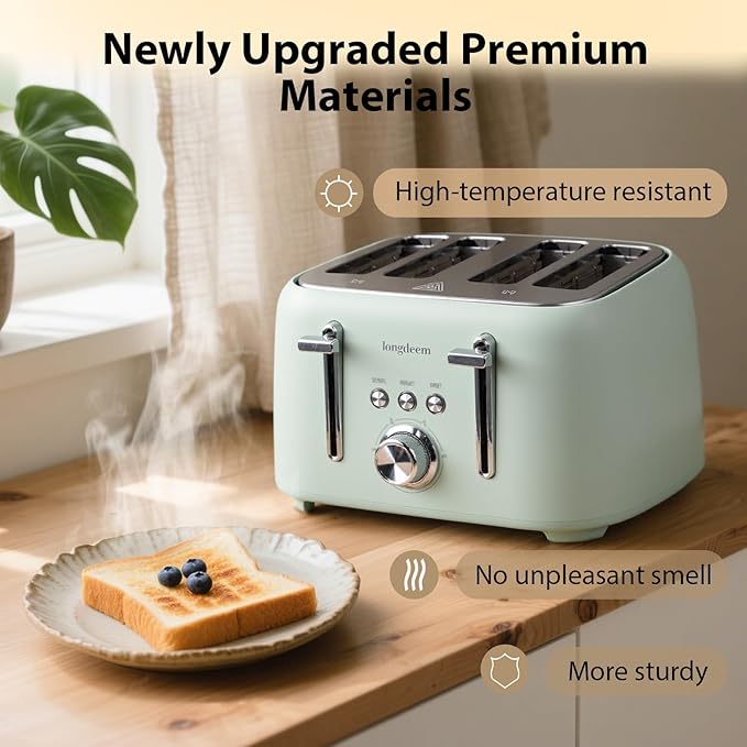 LONGDEEM 4-Slice Toaster 1.5" Extra Wide Slot Stainless Steel with High Lift Lever, 6 Presets & Bagel/Defrost/Cancel Function, Removal Crumb Tray, Under Base Cord Storage, Green