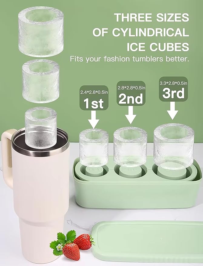 Ice Cube Tray for Stanley Cup, Silicone Ice Mould with Lid & Bin, Long Ice Cubes for 30-40Oz Tumbler, Easy Fill & Release, Perfect for Cocktails, Whiskey, Iced Coffee, Drinks, BPA Free (Green)