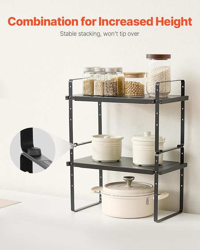 VEVOR Adjustable Kitchen Cabinet Shelf Organizer, Expandable 2 Tier Cabinet Shelf, Stackable Countertop Organizers and Storage Risers, Pantry for Kitchen Bathroom Office, Black