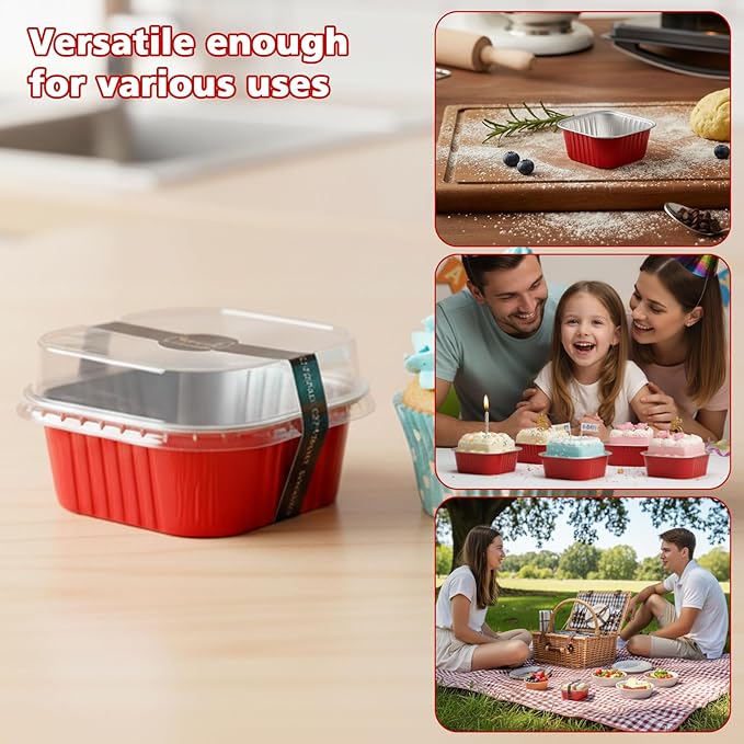 Ruckae 5oz 100 Pcs Square Mini Loaf Pans with Lids-Disposable Foil Dessert Containers,Mini Cake Pans with Lids,Aluminum Dessert Cups for Parties and Weddings (Red, 5oz)