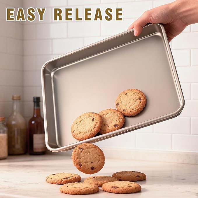 Toaster Oven Pans Set of 2, Shinsin 11-Inch Nonstick Baking Sheet Pans and Trays, 1/8 Thicker Replacement Small Baking Tray Accessories for Cookie, Non Toxic and Easy Clean and Diswasher Safe, Gold